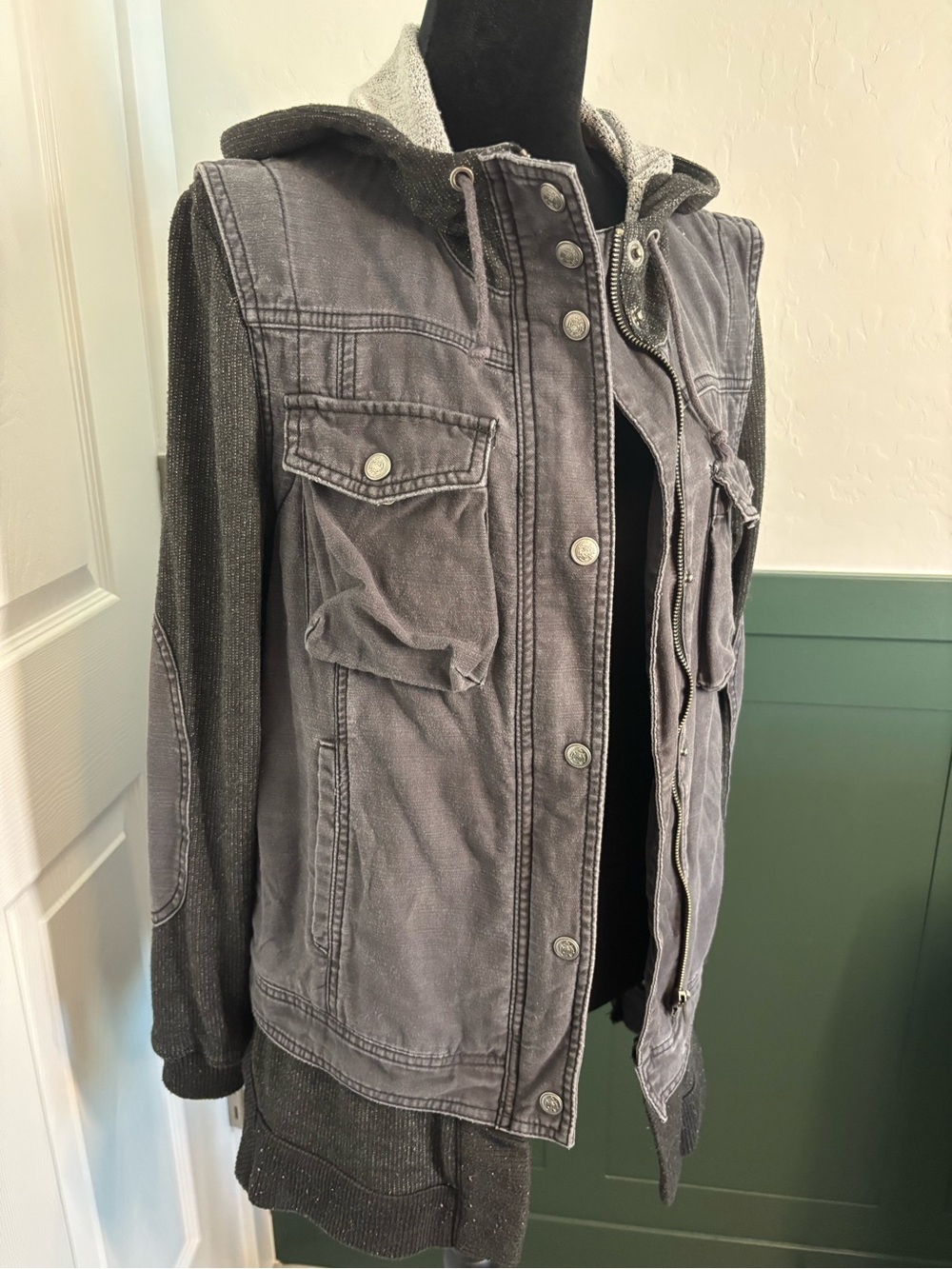 Free People Hooded Utility Jacket Sweater Mix Media Gray S - Picture 3 of 16